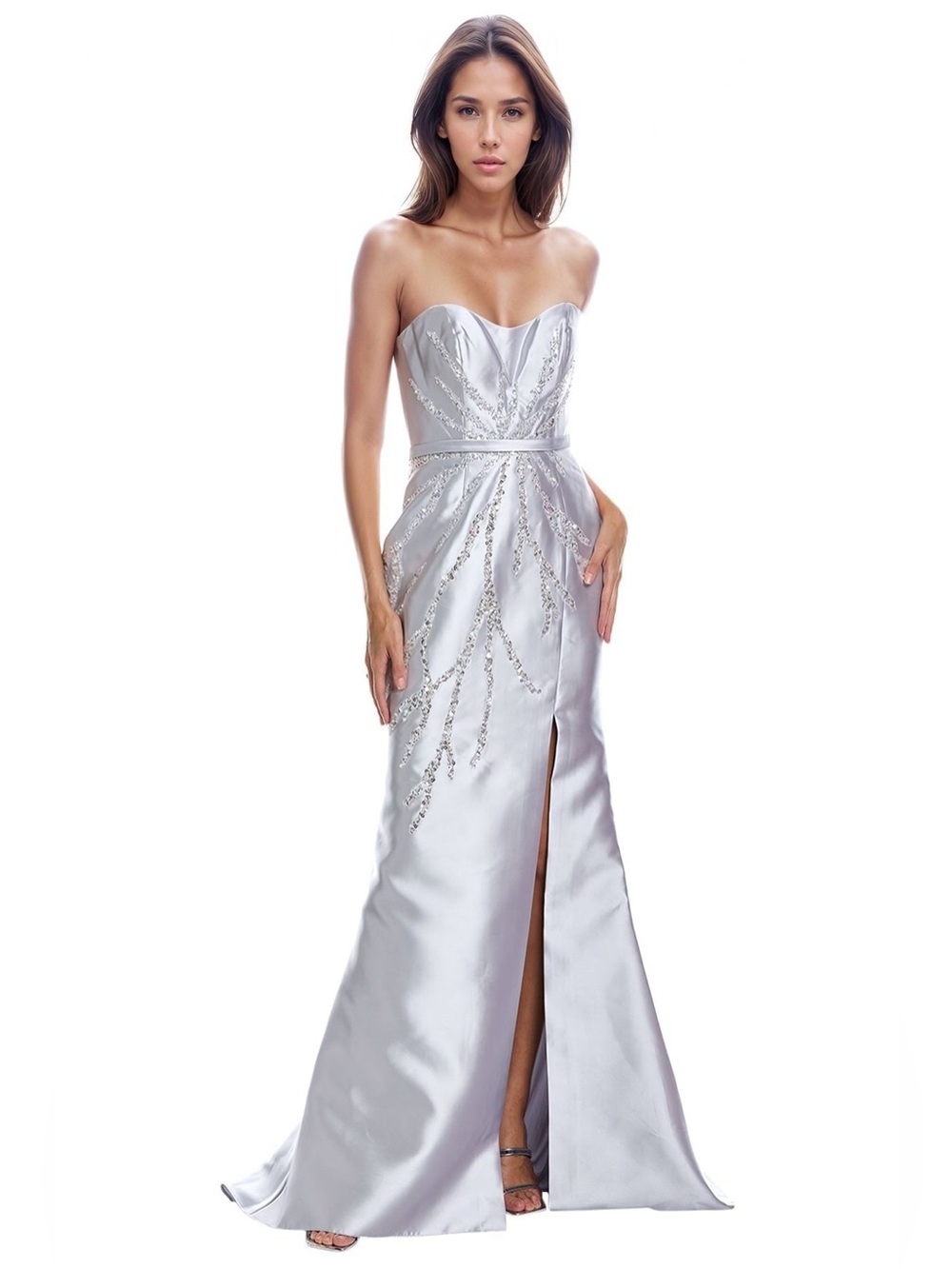Rene Caovilla Collection Strapless Metallic Bead Embellished Slit Gown Sz 14 NWT